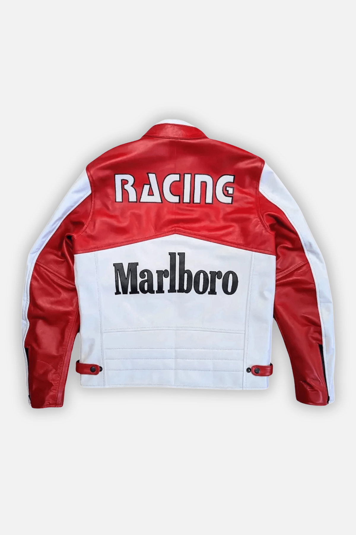 Red and white racing leather jacket with Marlboro logo, from revnhaus