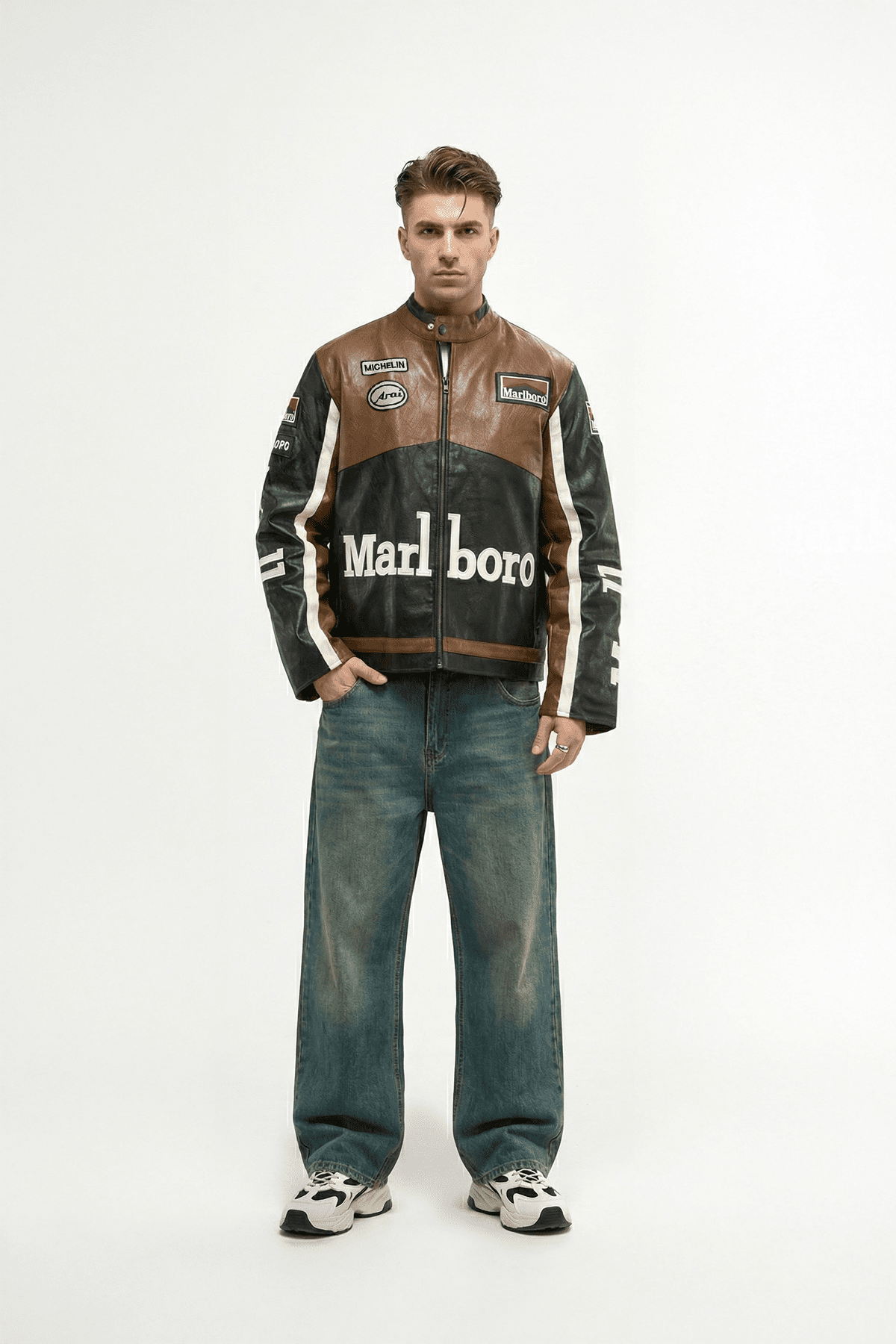 Marlboro racing jacket with Michelin and Aral patches, styled with jeans and sneakers from revnhaus