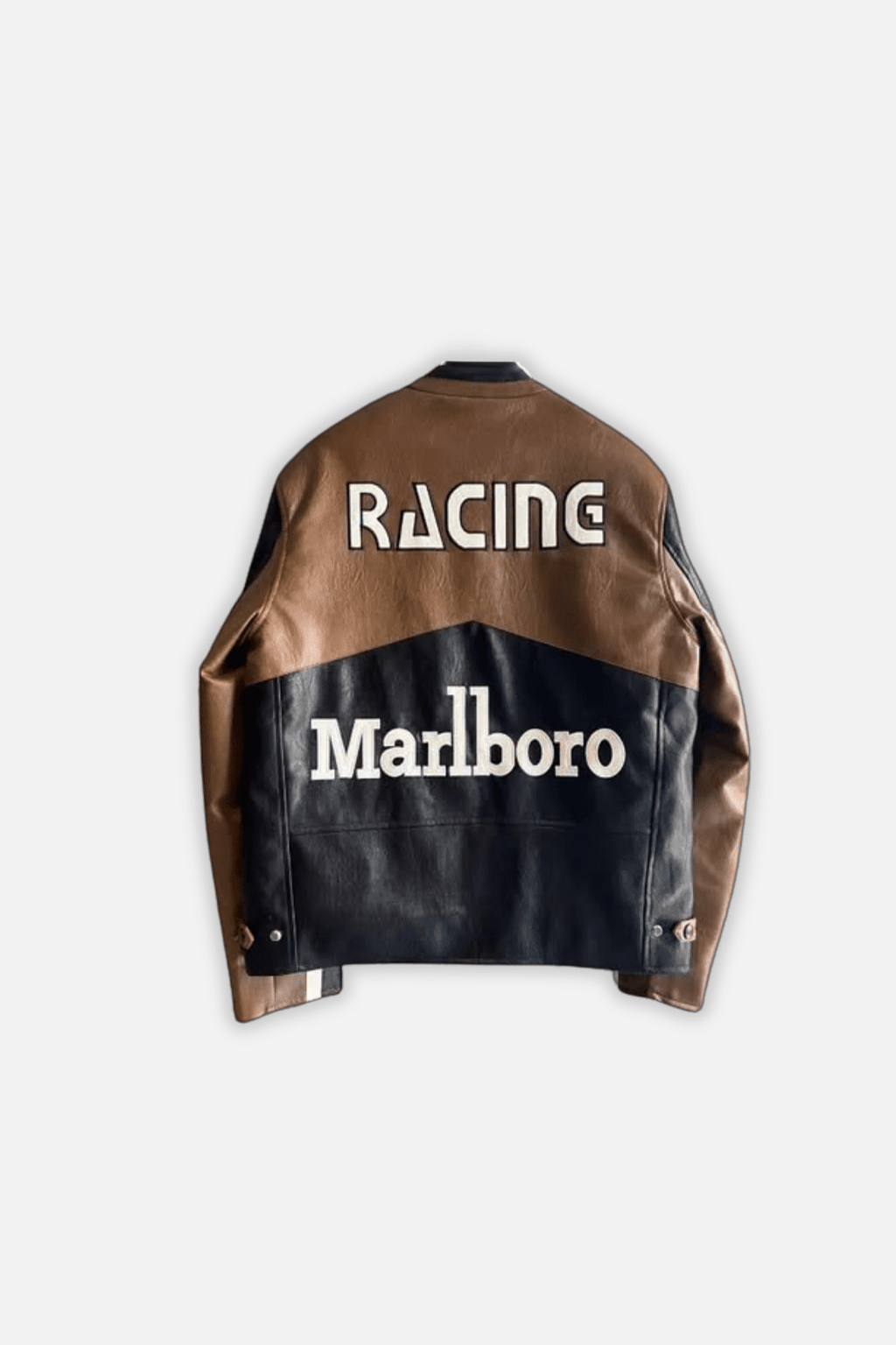 Brown and black leather racing jacket with Marlboro logo, from revnhaus