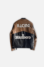 Brown and black leather racing jacket with Marlboro logo, from revnhaus