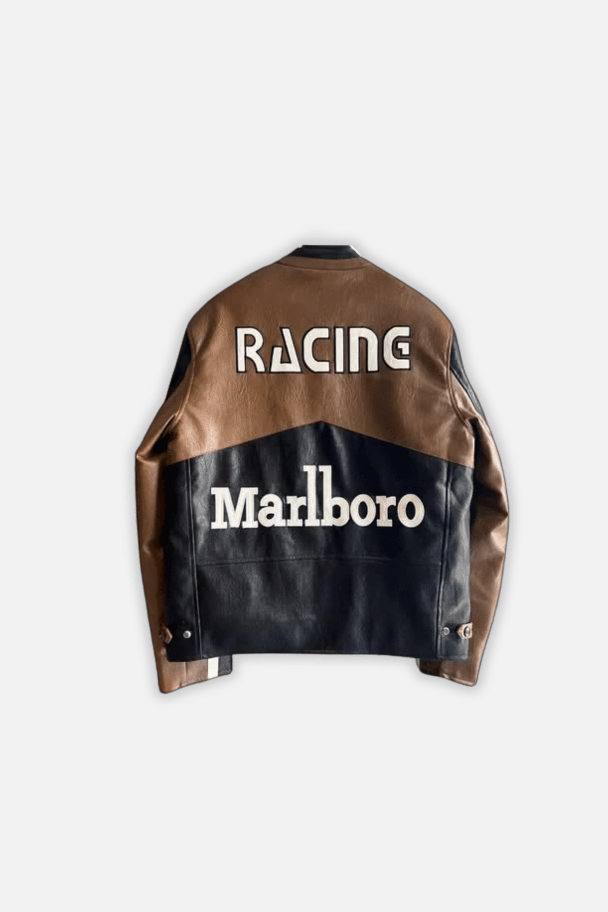 Brown and black leather racing jacket with Marlboro logo, from revnhaus