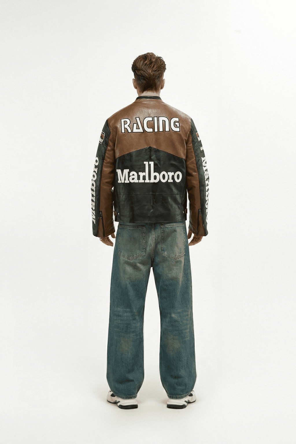 Brown and black racing leather jacket with Marlboro logo, back view from revnhaus