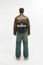 Brown and black racing leather jacket with Marlboro logo, back view from revnhaus