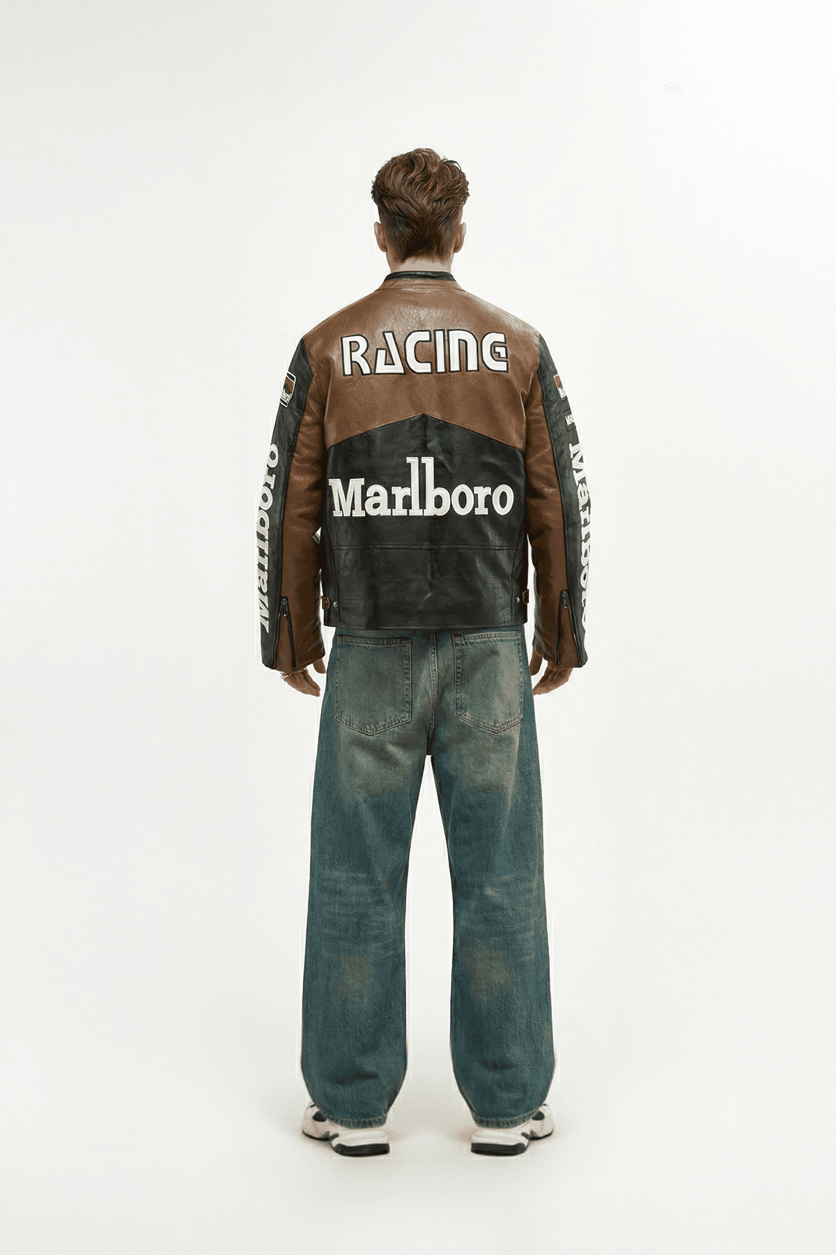 Brown and black racing leather jacket with Marlboro logo, back view from revnhaus