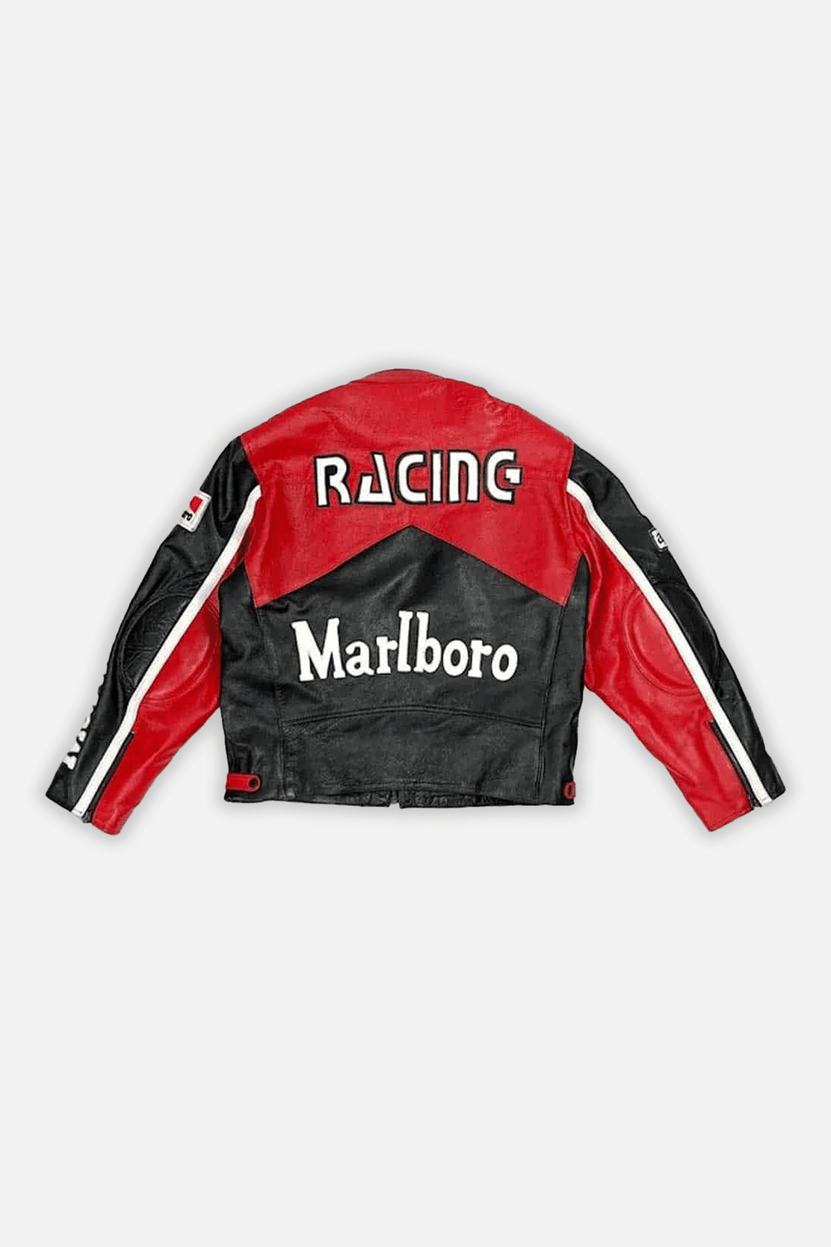 Red and black Marlboro racing leather jacket with white stripes from revnhaus