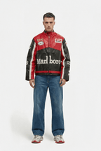 Red and black racing jacket with Marlboro, Michelin, and Aral logos, styled with jeans and sneakers from revnhaus