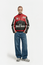 Red and black Marlboro racing jacket with Michelin and Arai logos, styled with jeans from revnhaus