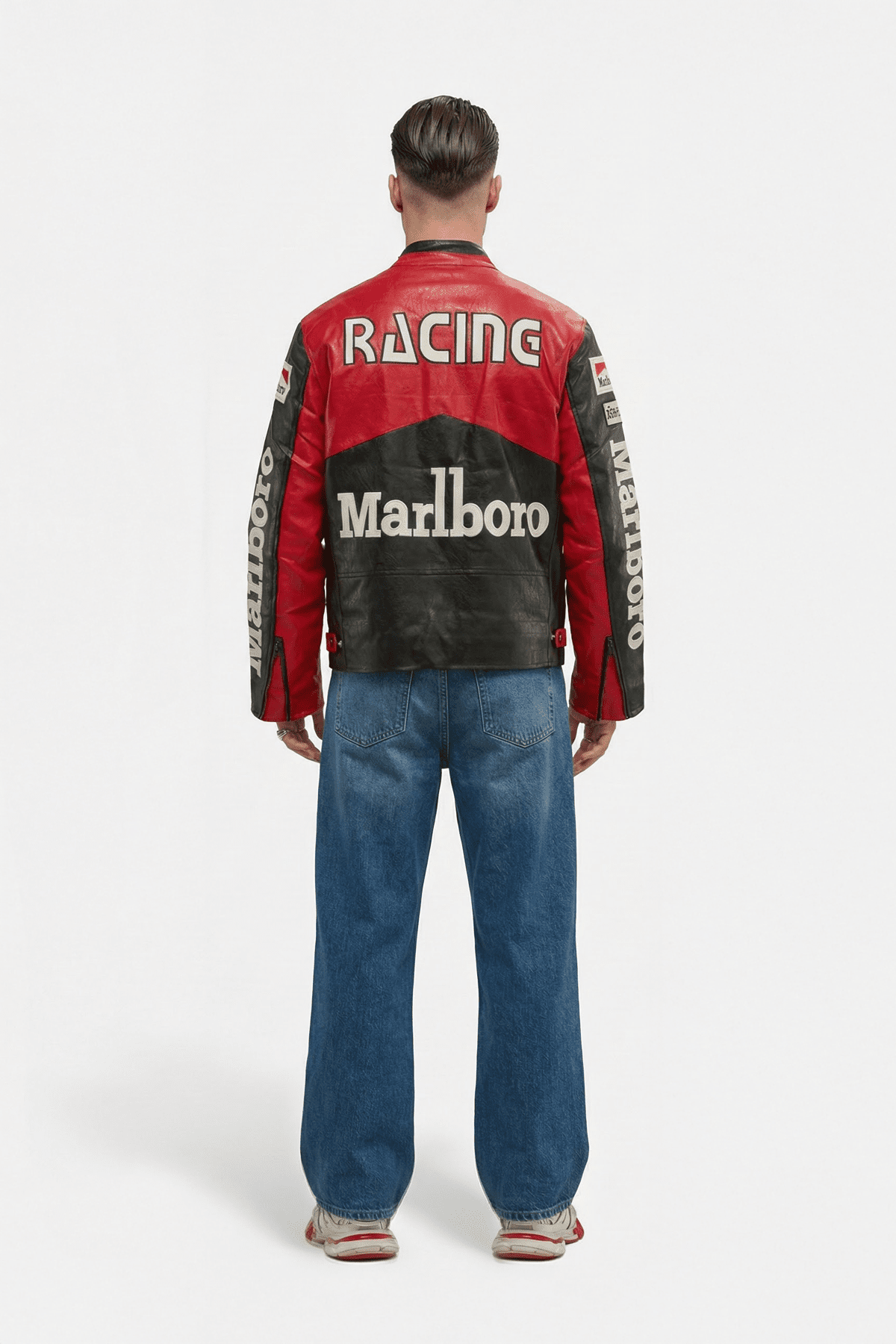 Red and black Marlboro racing leather jacket with bold back print, worn with jeans from revnhaus