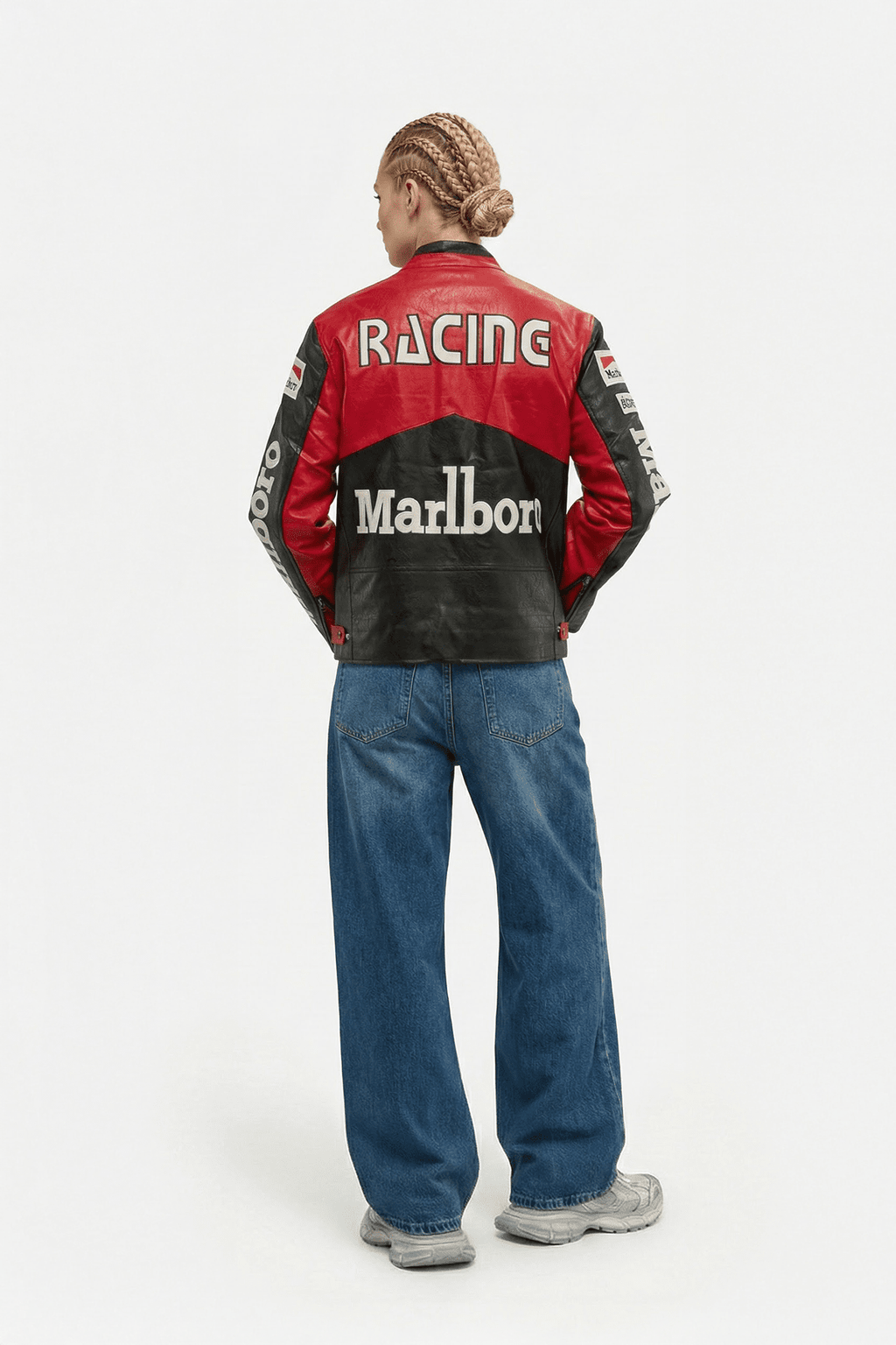Red and black racing leather jacket with Marlboro logo, worn by model from revnhaus