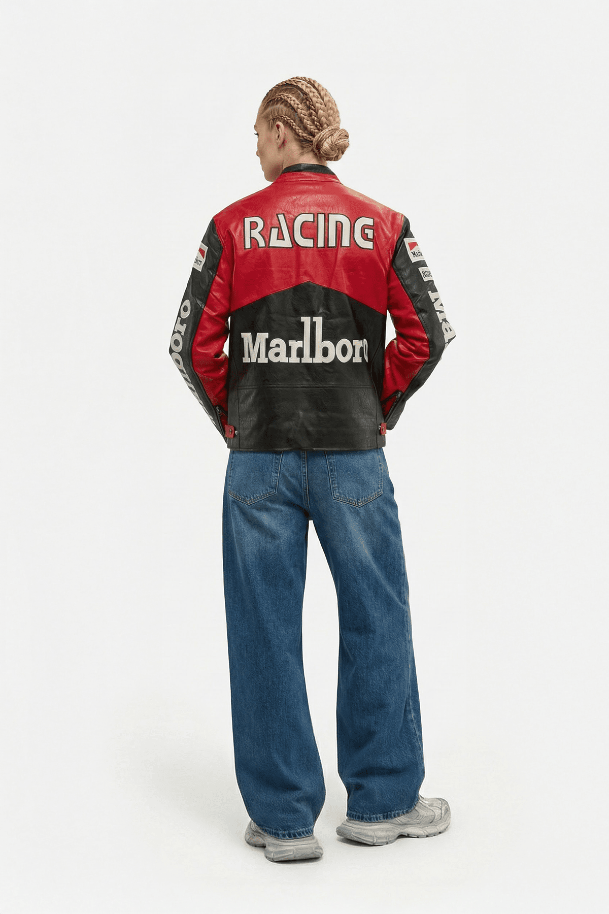 Red and black racing leather jacket with Marlboro logo, worn by model from revnhaus