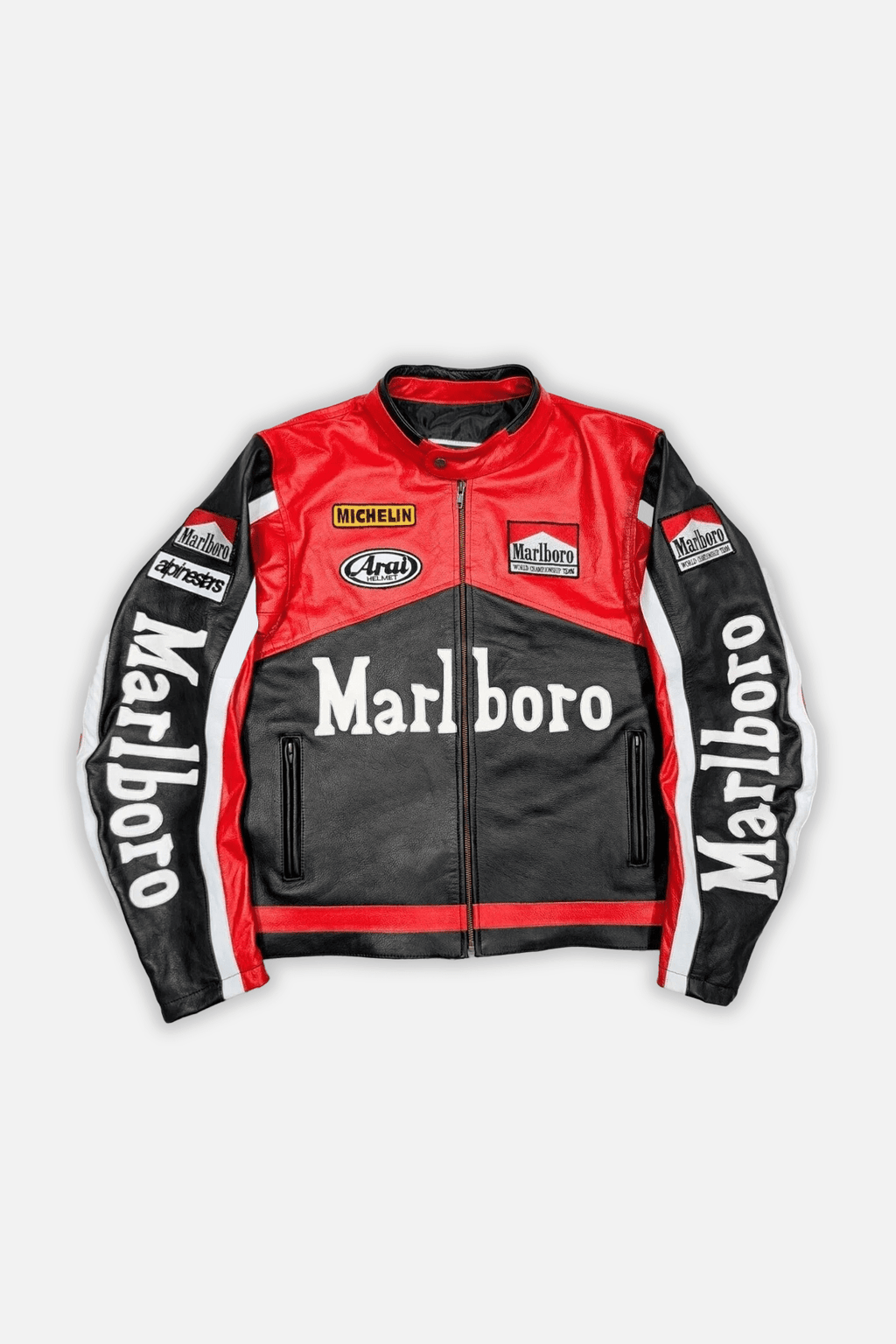 Red and black Marlboro racing leather jacket with Michelin and Arai logos from revnhaus