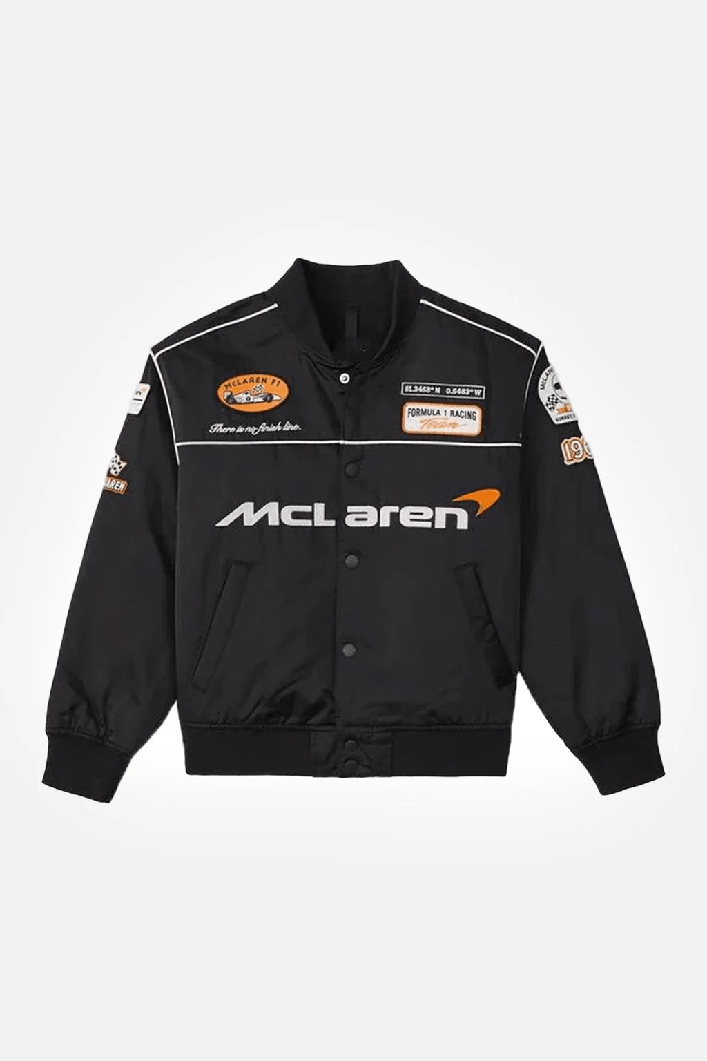 Black McLaren racing bomber jacket with patches and logo, from revnhaus