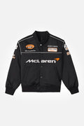 Black McLaren racing bomber jacket with patches and logo, from revnhaus
