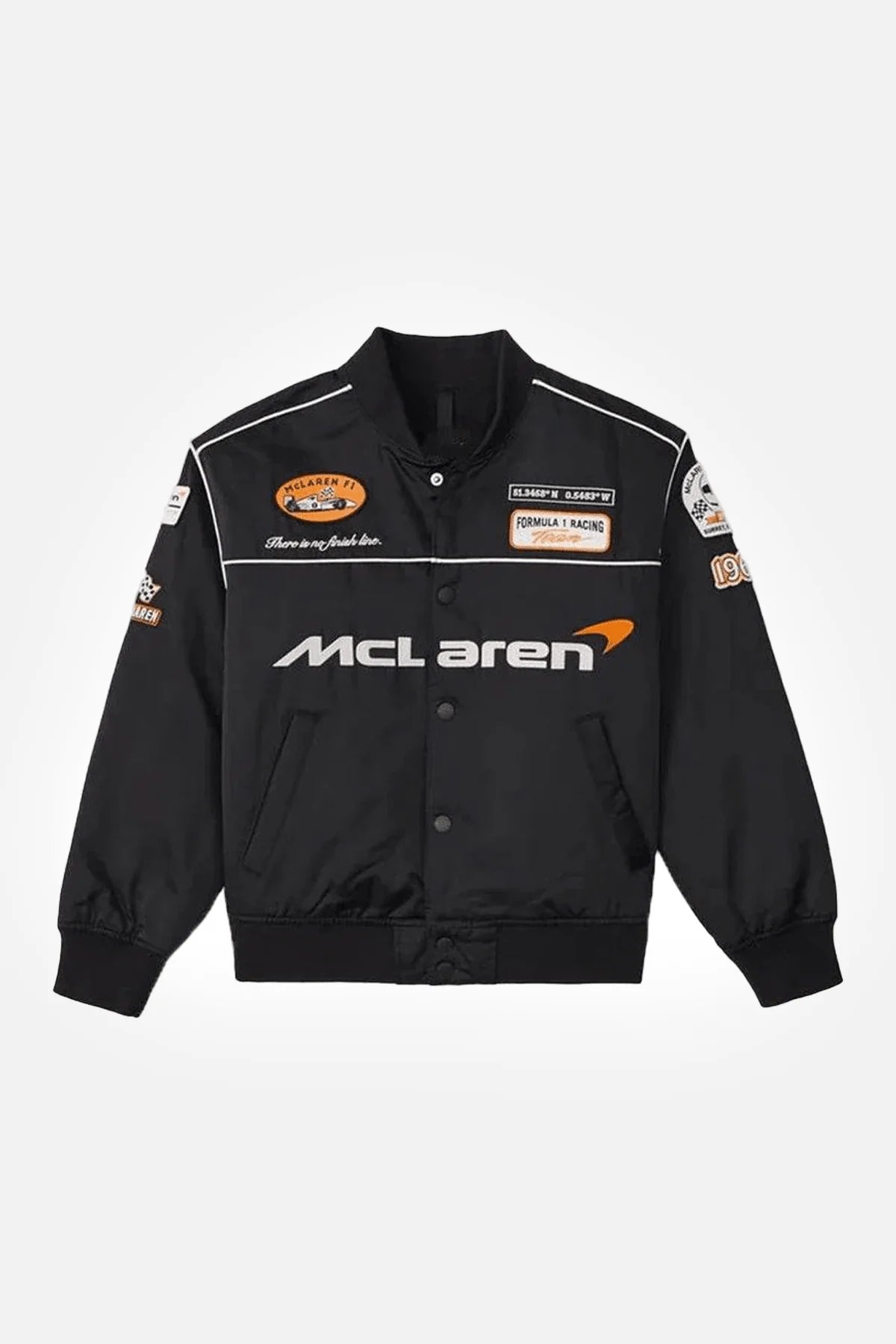 Black McLaren racing bomber jacket with patches and logo, from revnhaus
