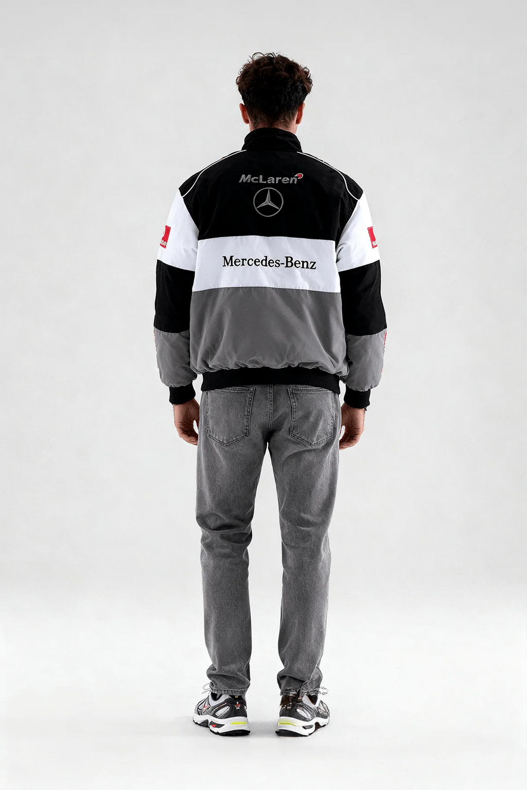McLaren Mercedes-Benz racing jacket back view, black white gray, from revnhaus