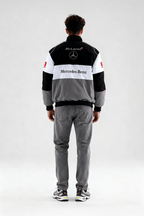 McLaren Mercedes-Benz racing jacket back view, black white gray, from revnhaus