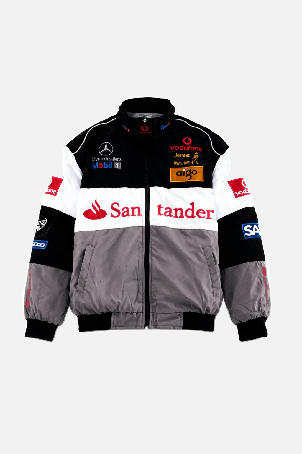 Black, white, and gray racing jacket with Mercedes-Benz, Vodafone, and Santander logos from revnhaus