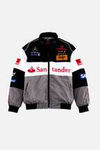 Black, white, and gray racing jacket with Mercedes-Benz, Vodafone, and Santander logos from revnhaus