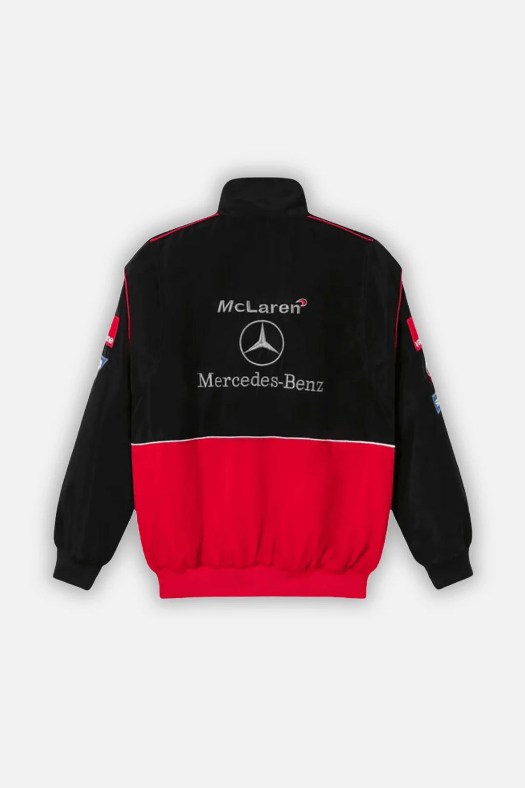 Black and red McLaren Mercedes-Benz racing jacket with team logos, from revnhaus