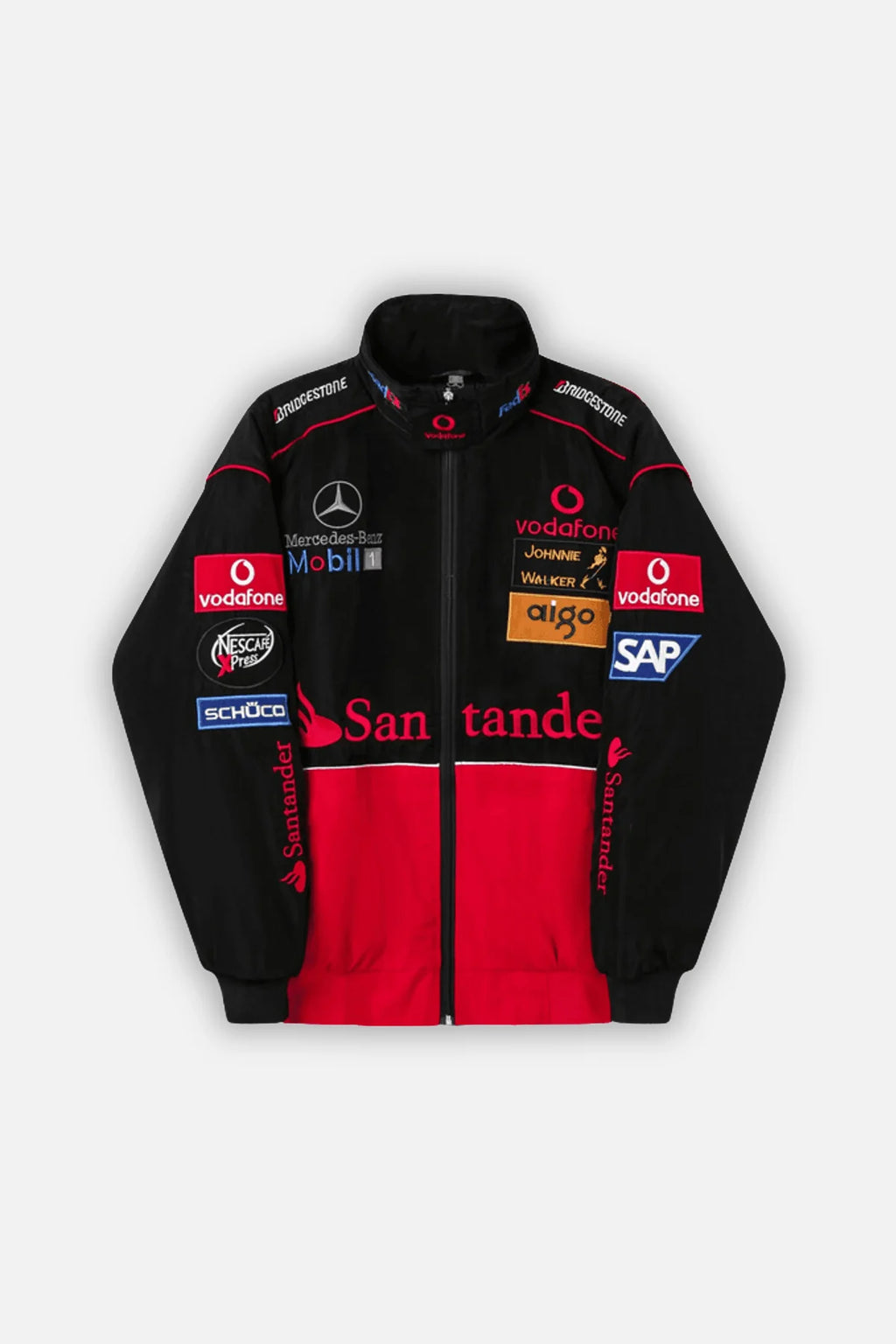 Black and red racing jacket with sponsor logos including Vodafone, Santander, and Mercedes-Benz from revnhaus