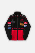 Black and red racing jacket with sponsor logos including Vodafone, Santander, and Mercedes-Benz from revnhaus