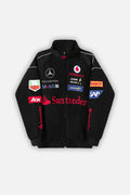 Black racing jacket with sponsor logos including Santander, Vodafone, Mercedes-Benz from revnhaus