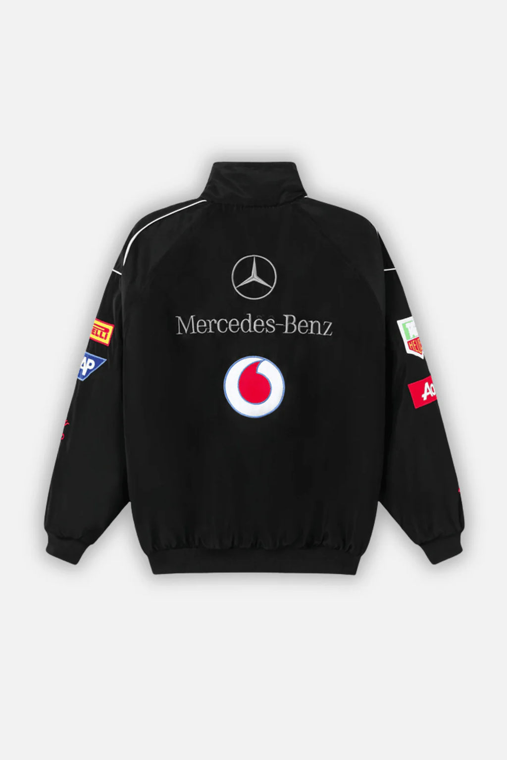 Black Mercedes-Benz racing jacket with Vodafone logo and sponsor patches from revnhaus
