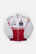 White and red racing jacket with Mercedes-Benz, Vodafone, and Santander logos from revnhaus