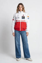 White and red racing jacket with sponsor logos, paired with wide-leg jeans from revnhaus