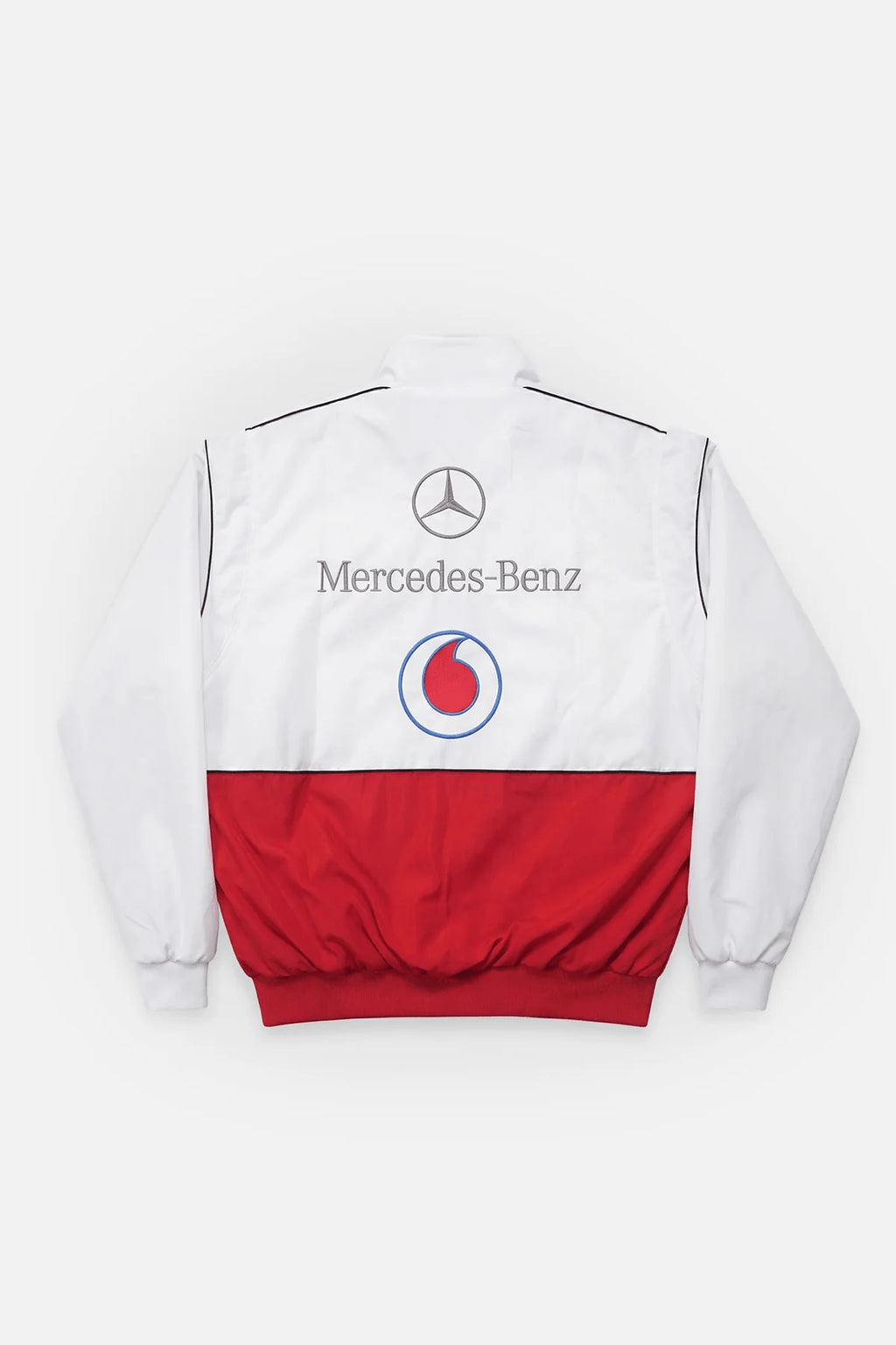 White and red racing jacket with Mercedes-Benz and Vodafone logos from revnhaus