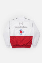 White and red racing jacket with Mercedes-Benz and Vodafone logos from revnhaus