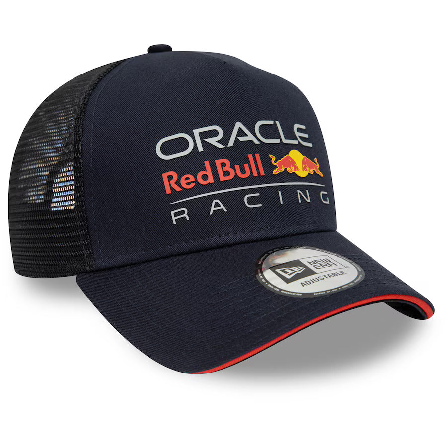 Oracle Red Bull Racing trucker hat with New Era logo, navy blue with red trim, from revnhaus