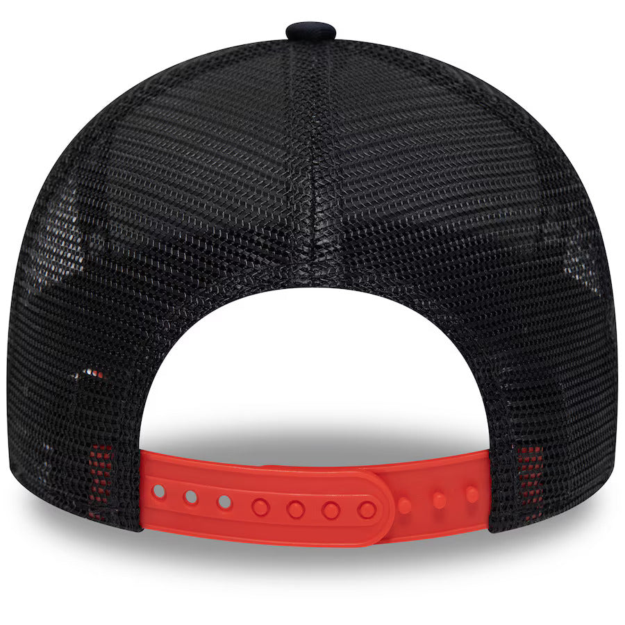 Black mesh trucker hat with red adjustable strap from revnhaus