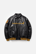 Black Porsche leather racing jacket with yellow embroidery and stripes from revnhaus