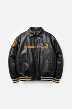Black Porsche leather racing jacket with yellow embroidery and stripes from revnhaus