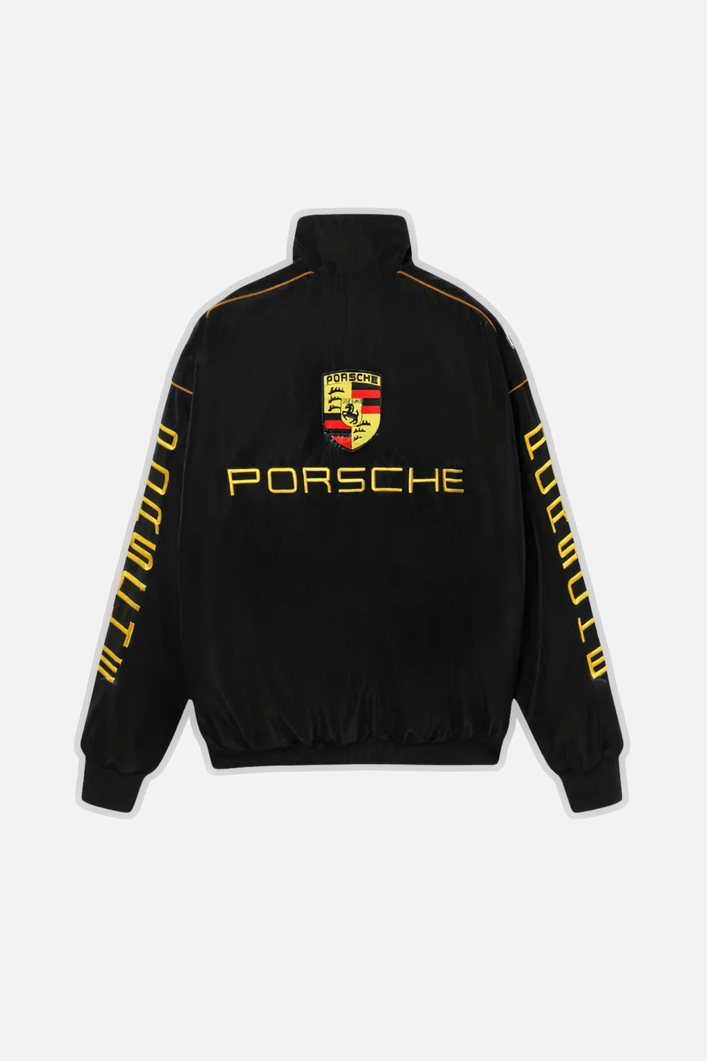 Black Porsche racing jacket with yellow logo and sleeve text from revnhaus
