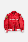 Red Porsche racing jacket with crest and logo, motorsport apparel from revnhaus