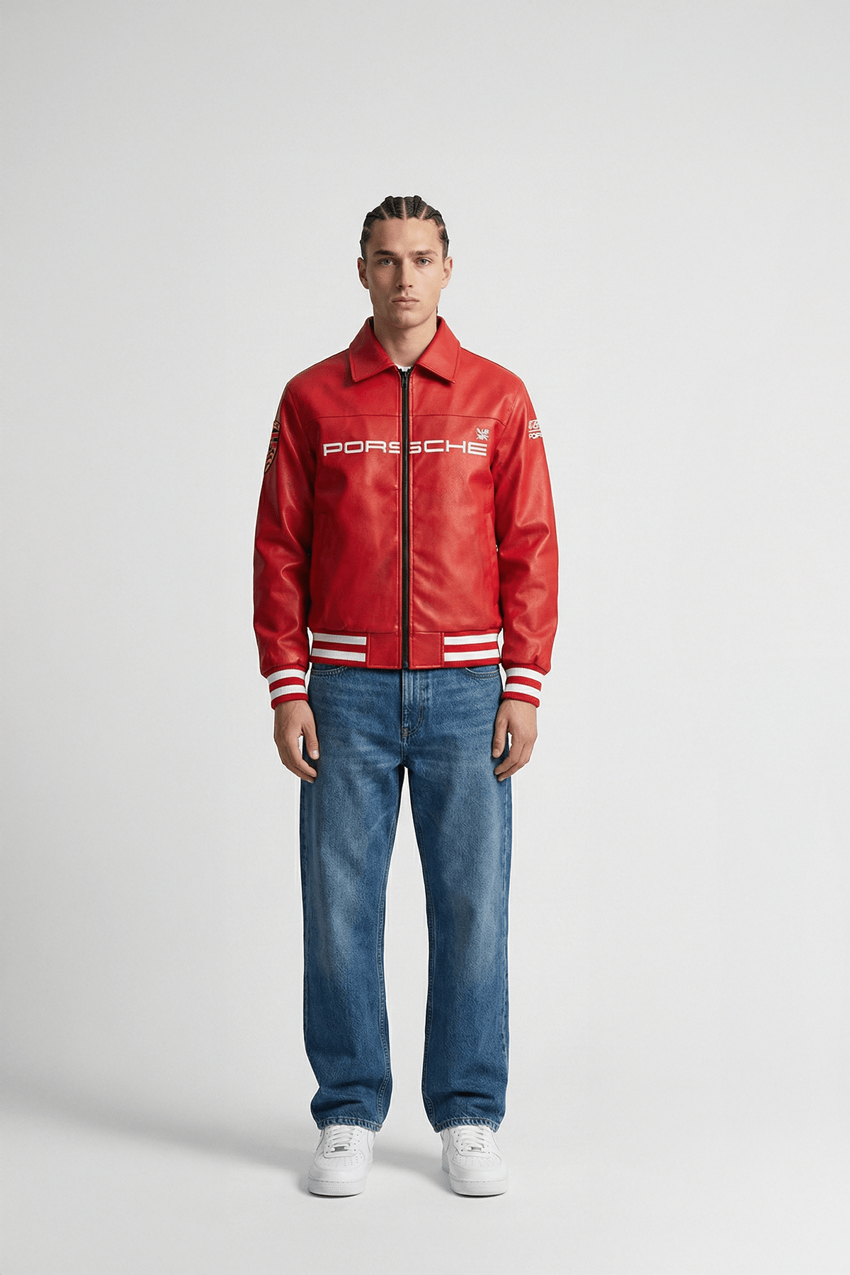 Red Porsche racing jacket with white stripes, worn with jeans and sneakers from revnhaus