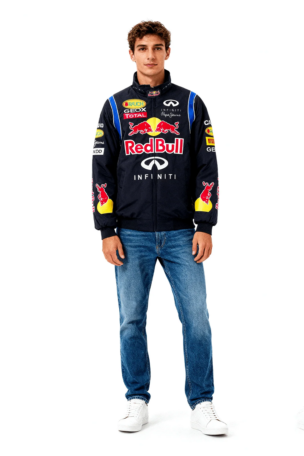 Red Bull Racing F1 team jacket with Infiniti and sponsor logos, worn with jeans and white sneakers from revnhaus