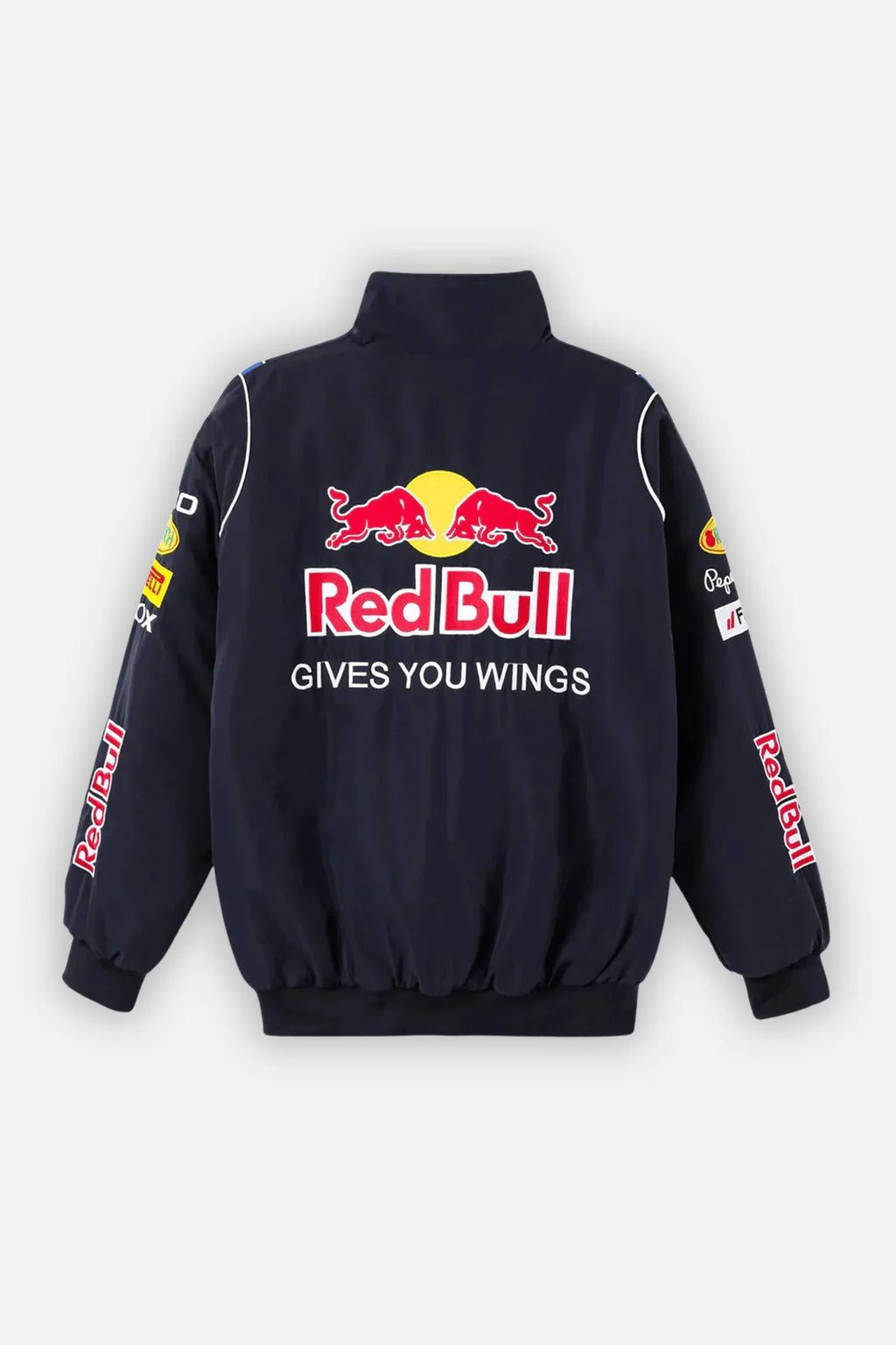 Red Bull racing jacket with logo and 'GIVES YOU WINGS' text, motorsport apparel from revnhaus