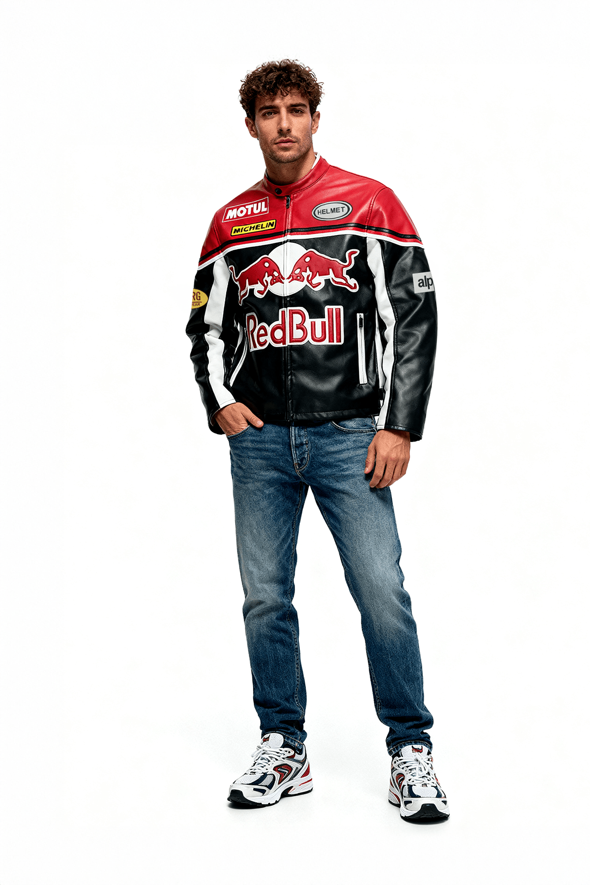 Red Bull racing leather jacket with Motul and Michelin logos, styled with jeans and sneakers from revnhaus