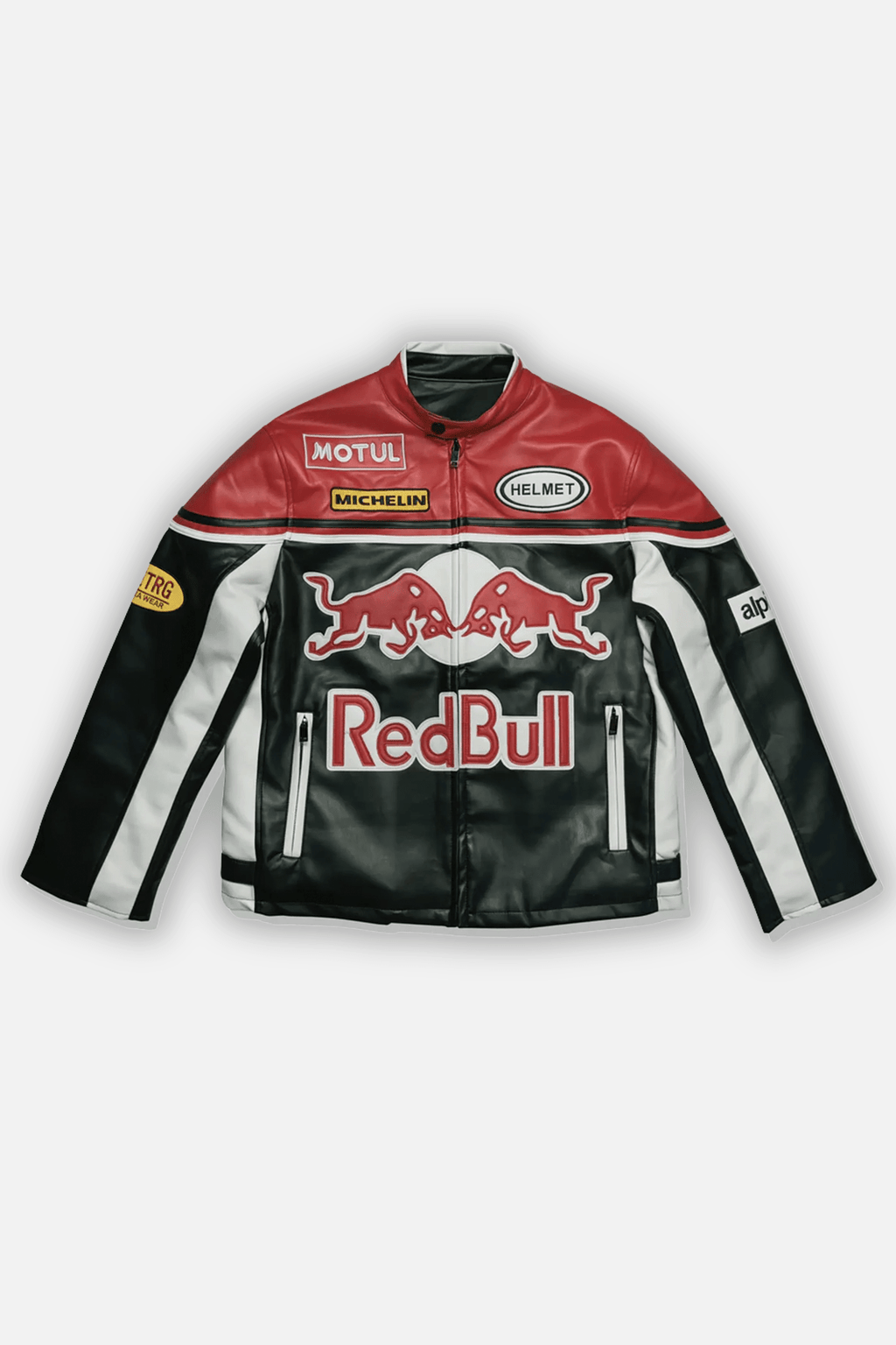 Red Bull racing leather jacket with Motul, Michelin logos, motorsport style from revnhaus