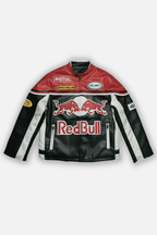 Red Bull racing leather jacket with Motul, Michelin logos, motorsport style from revnhaus