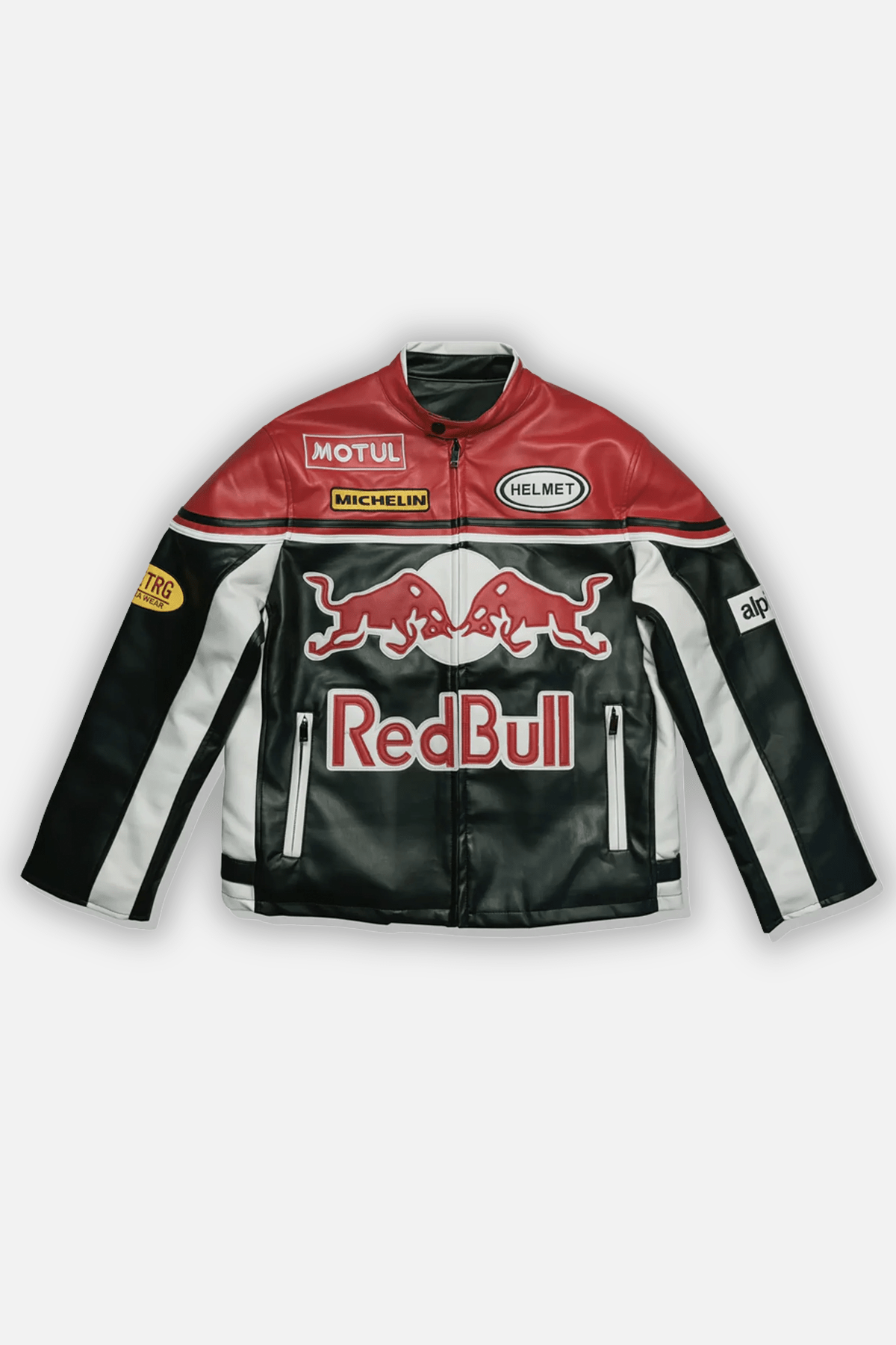 Red Bull racing leather jacket with Motul, Michelin logos, motorsport style from revnhaus