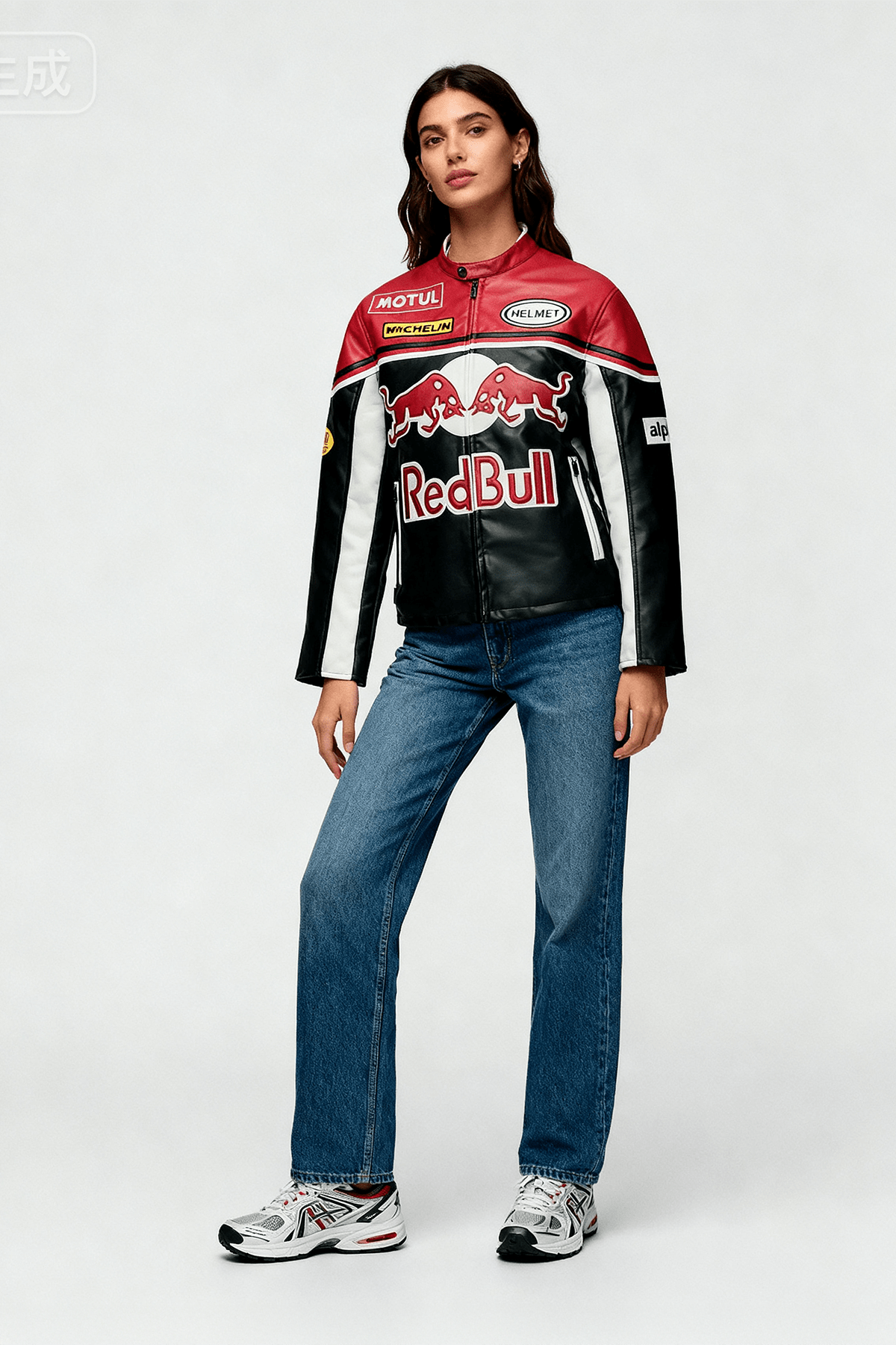 Red Bull racing jacket with Motul and Michelin logos, worn with jeans and sneakers from revnhaus