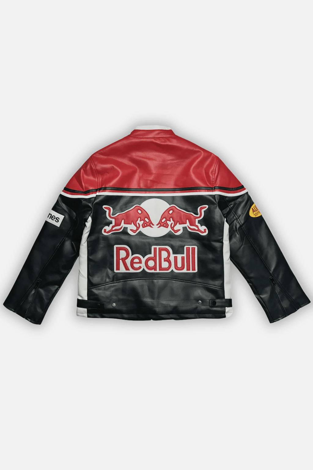 Red Bull racing leather jacket with bold logo, black and red design from revnhaus