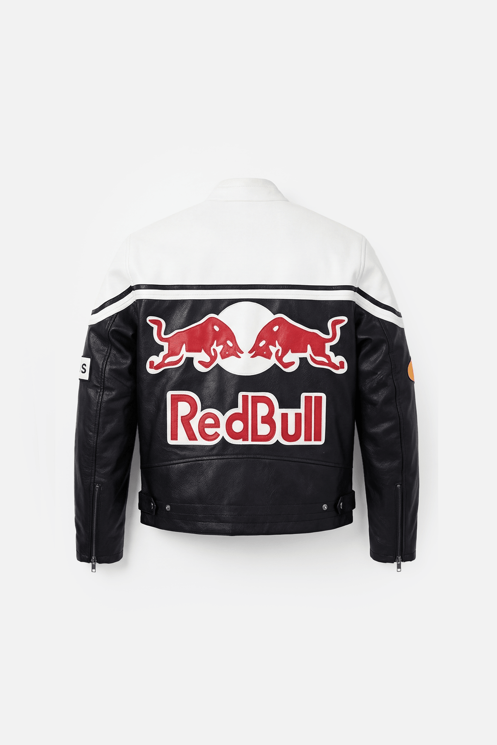Black and white Red Bull racing leather jacket with bold logo back view from revnhaus