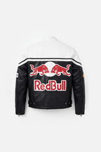 Black and white Red Bull racing leather jacket with bold logo back view from revnhaus