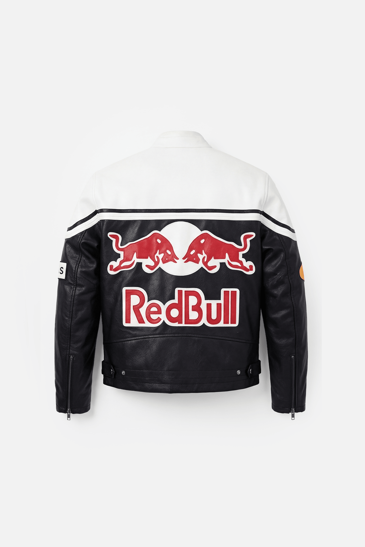 Black and white Red Bull racing leather jacket with bold logo back view from revnhaus