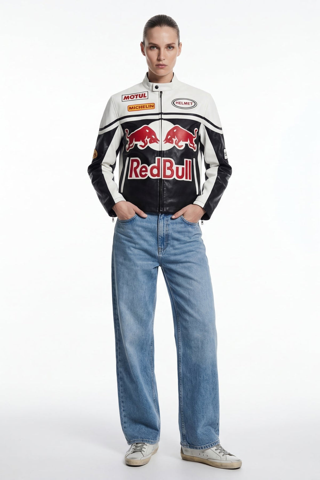 Red Bull racing jacket with Motul and Michelin logos, styled with jeans from revnhaus
